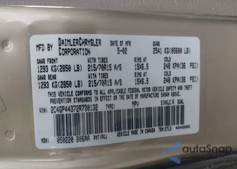 2002 Chrysler Town & Country Lx z USA, uszkodzony, nr VIN 2C4GP44372R730132